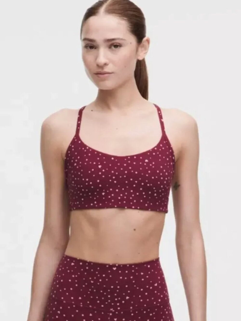 Lululemon Flow Y Bra Nulu in Heart Scatter Dot Print Burgundy Size 8 NWT